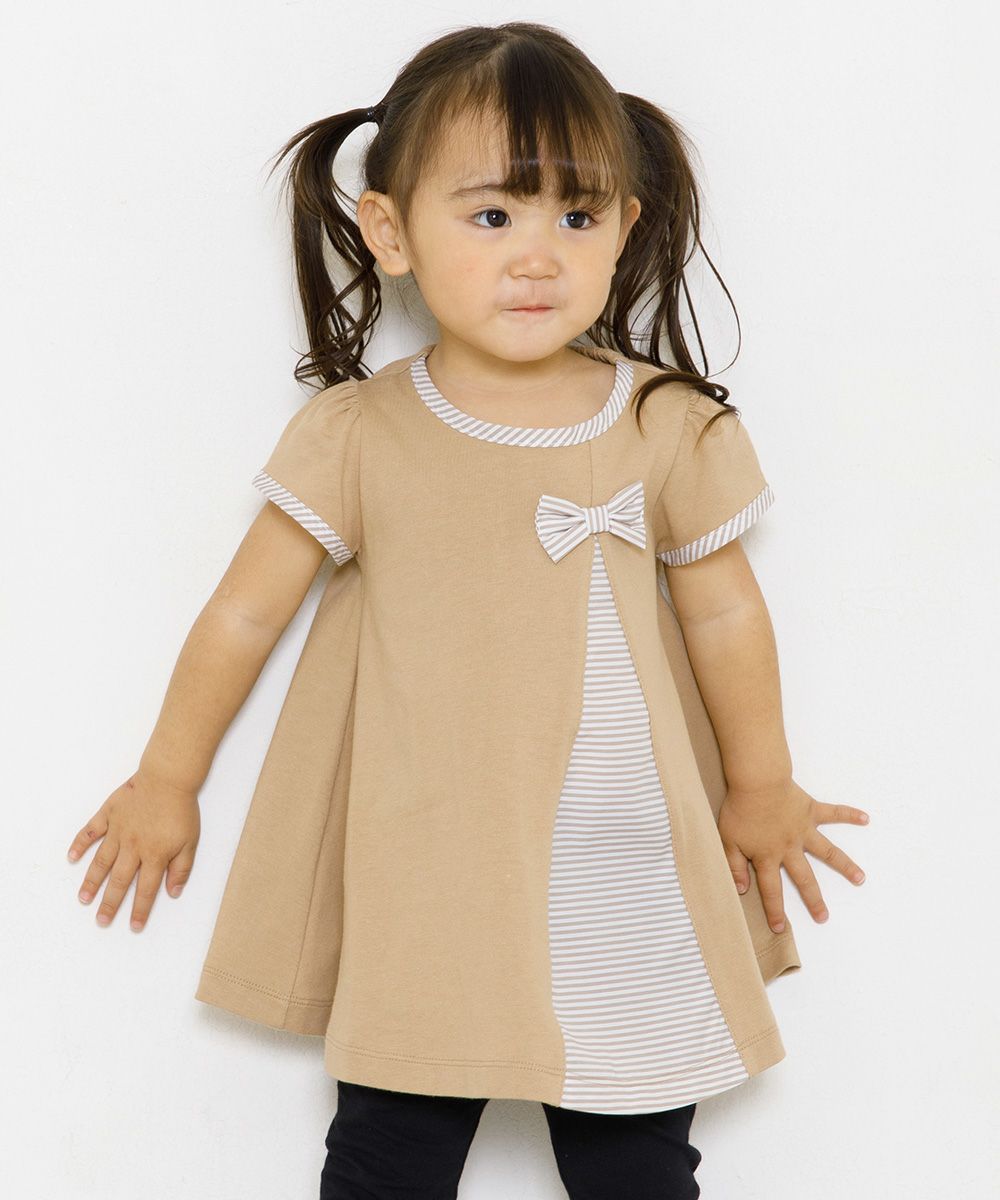 Baby size Switching pattern A-line stripe dress with ribbon Brown model image 3