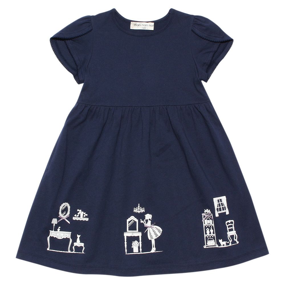 100 % cotton girly room print dress with ribbons Navy front