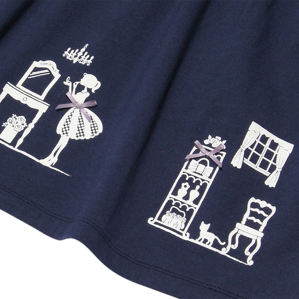 100 % cotton girly room print dress with ribbons Navy Design point 1