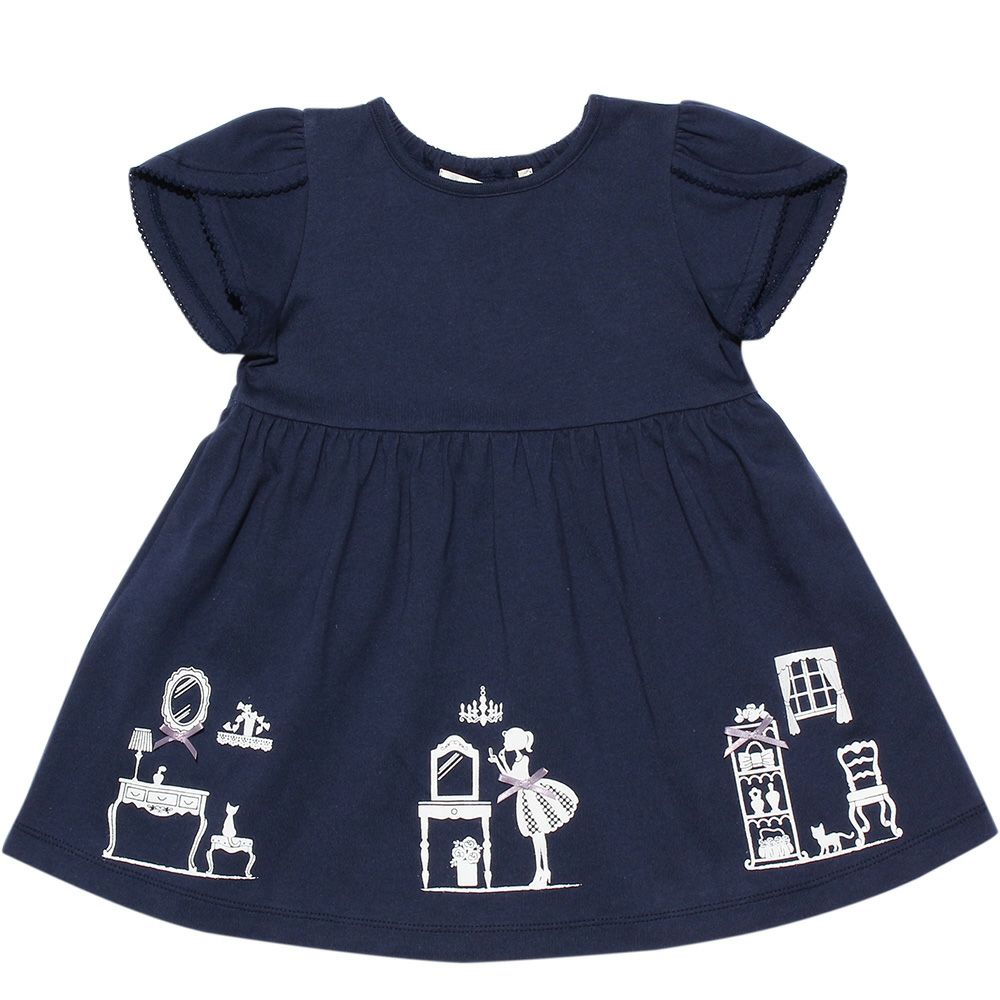 Baby size 100 % cotton girly room print dress with ribbons Navy front