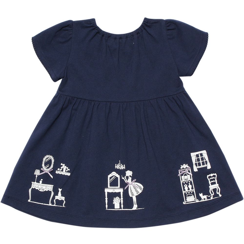 Baby size 100 % cotton girly room print dress with ribbons Navy back