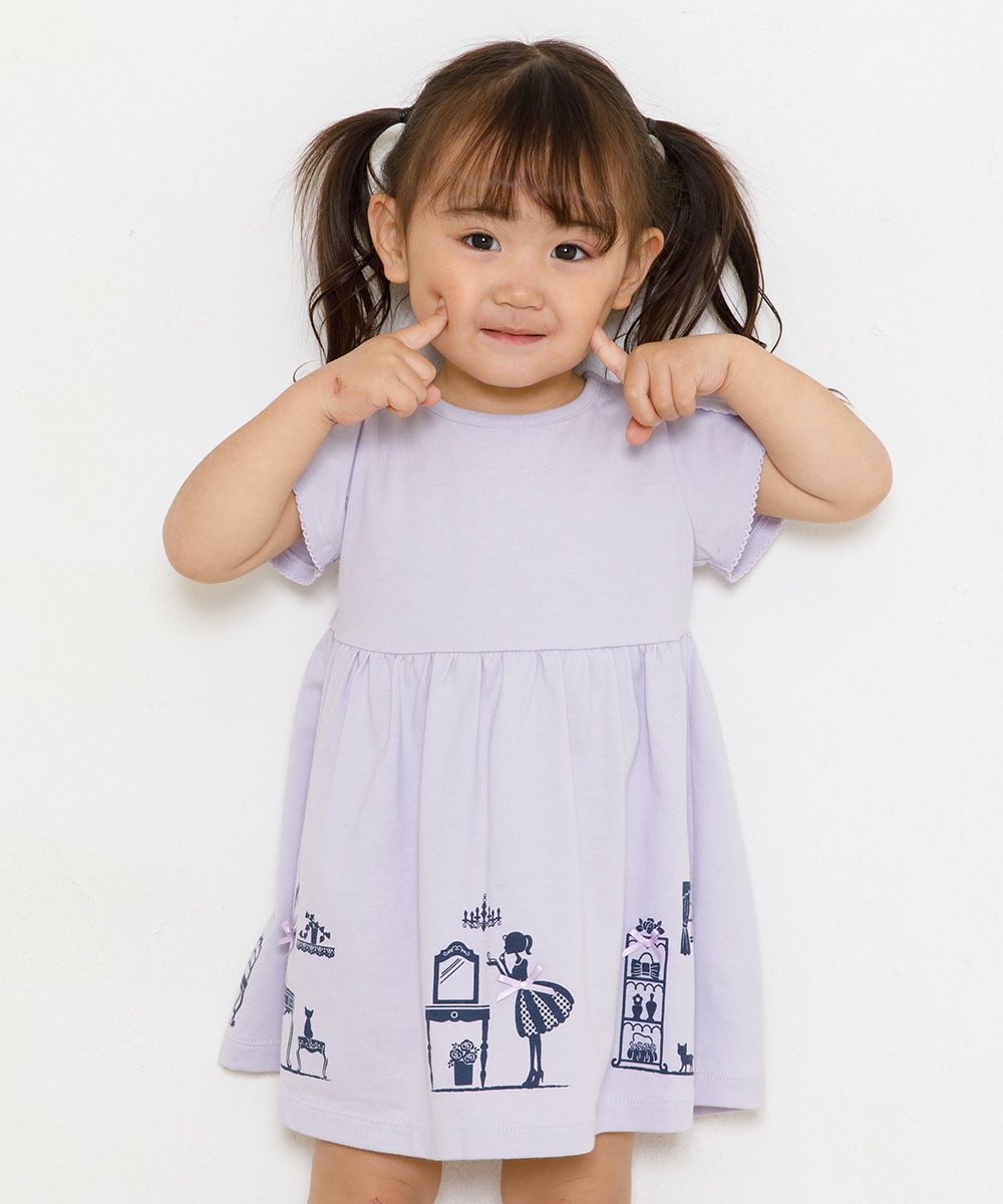 Baby size 100 % cotton girly room print dress with ribbons Purple model image 1