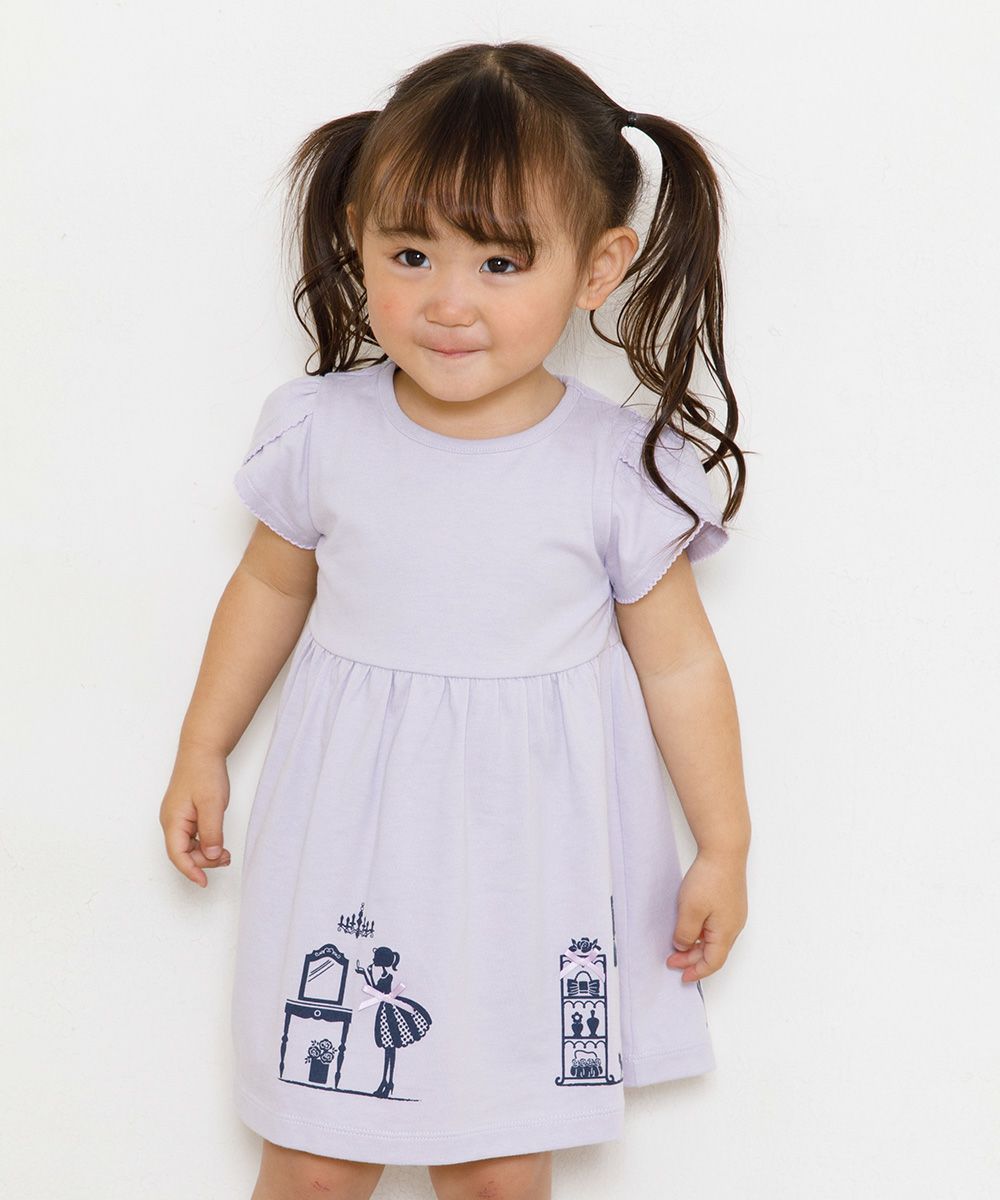 Baby size 100 % cotton girly room print dress with ribbons Purple model image 2