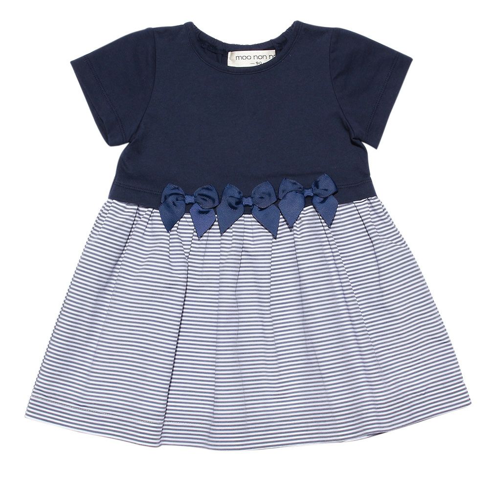 Baby size striped contrasting fabric dress with ribbons Navy front