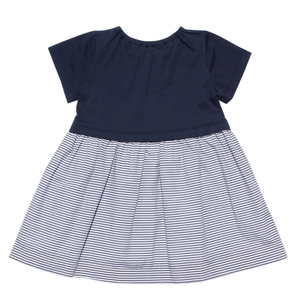 Baby size striped contrasting fabric dress with ribbons Navy back