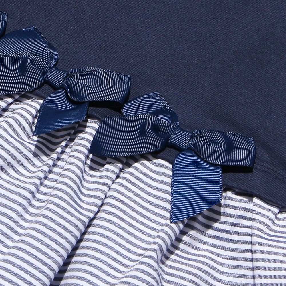 Baby size striped contrasting fabric dress with ribbons Navy Design point 1