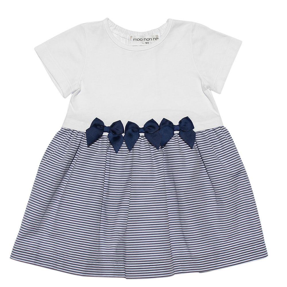 Baby size striped contrasting fabric dress with ribbons Off White front