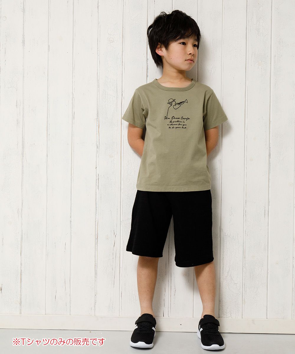 Children's clothing boy 100 % cotton trumpet player & logo embroidery T -shirt khaki (82) model image