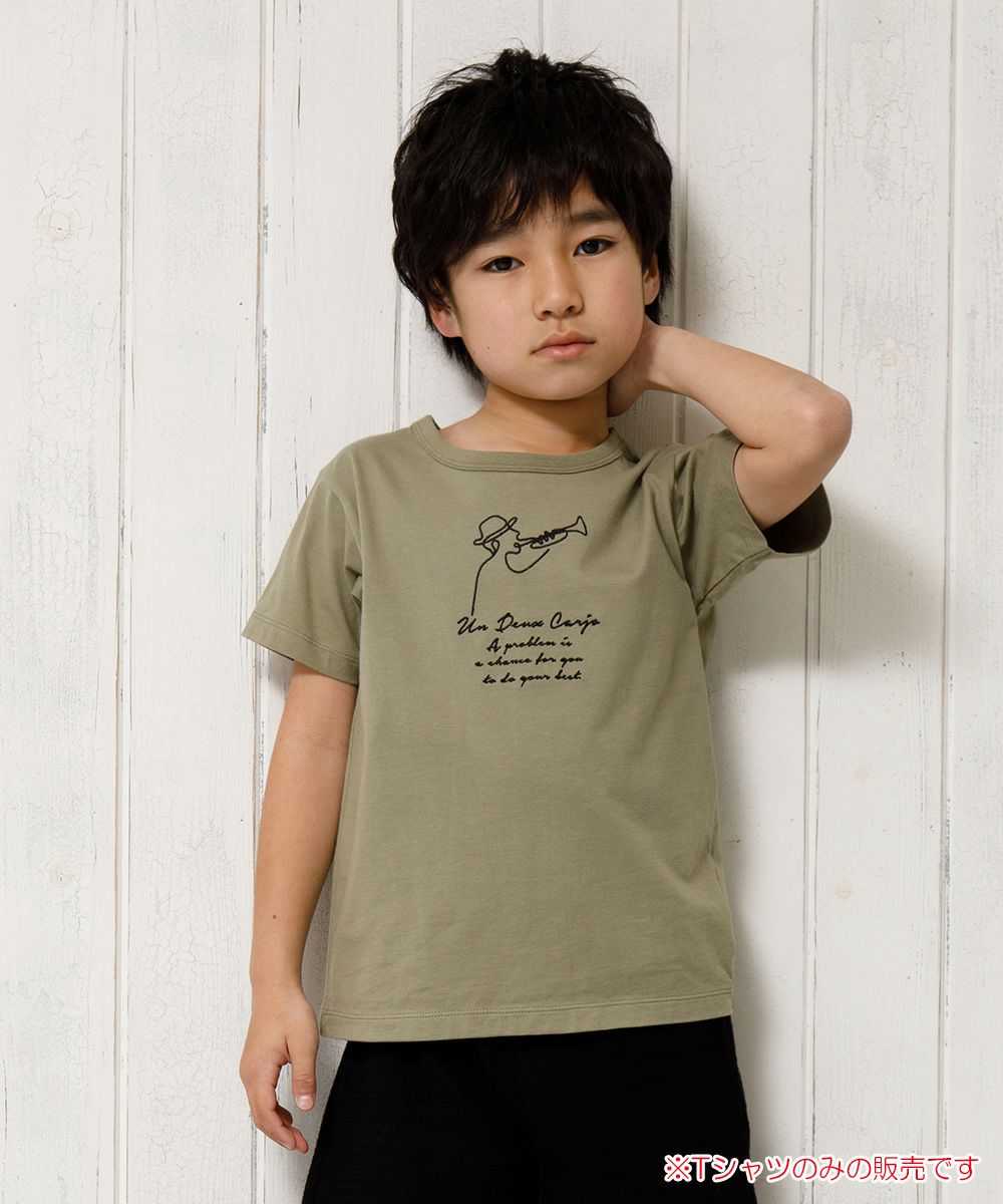 Children's clothing boy 100 % cotton trumpet player & logo embroidery T -shirt khaki (82) model image 1