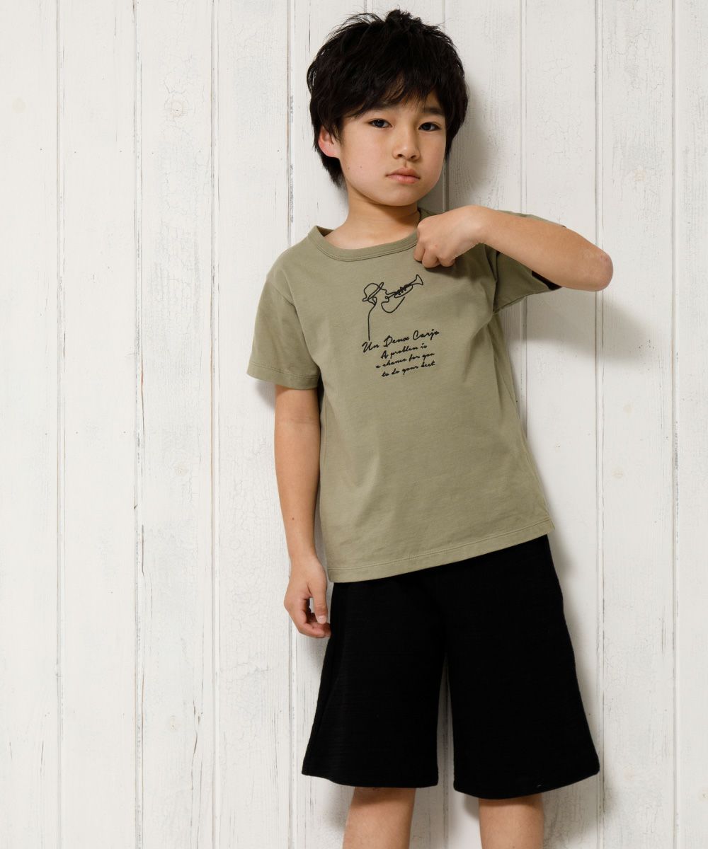Children's clothing boy 100 % cotton trumpet player & logo embroidery T -shirt khaki (82) model image 2