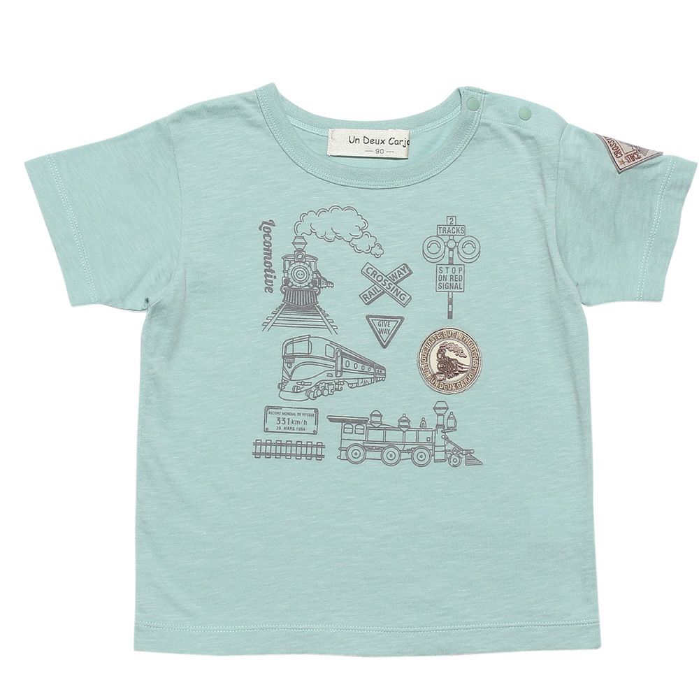 Baby size 100 % cotton vehicle series train print T -shirt Green front