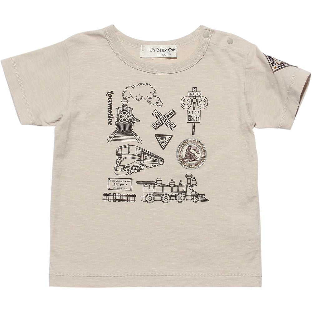 Baby size 100 % cotton vehicle series train print T -shirt Beige front