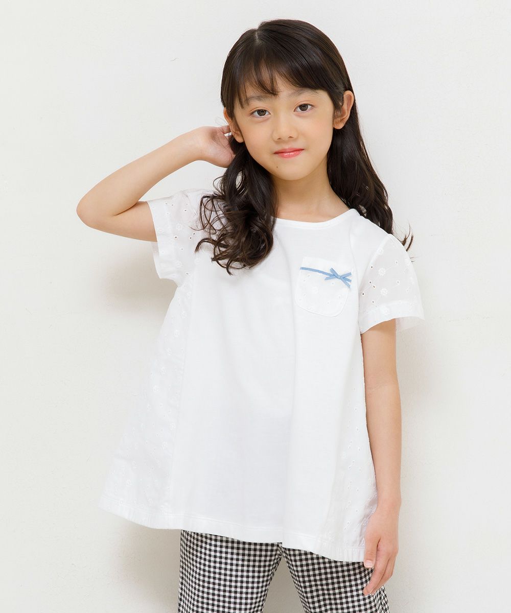 Children's clothing girl 100 % cotton lace switch switching A line chest pocket T -shirt off -white (11) model image up