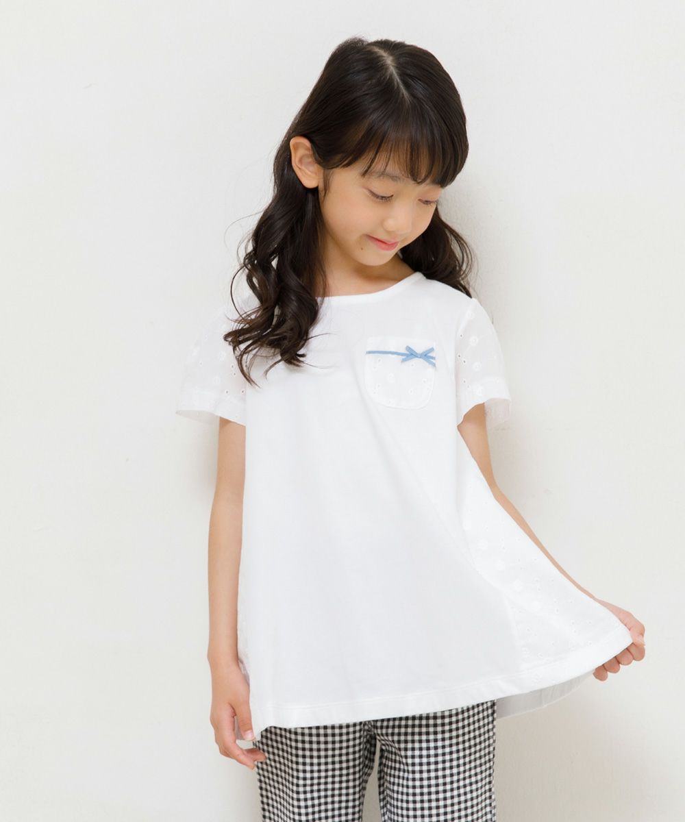 Children's clothing girl 100 % floral lace switching A line chest pocket T -shirt off -white (11) model image 1