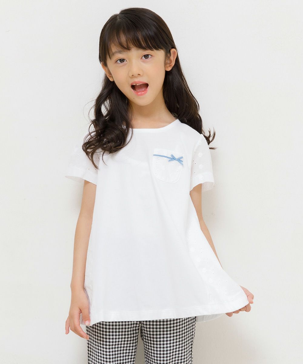 Children's clothing girl 100 % floral lace switching A line chest pocket T -shirt off -white (11) model image 3