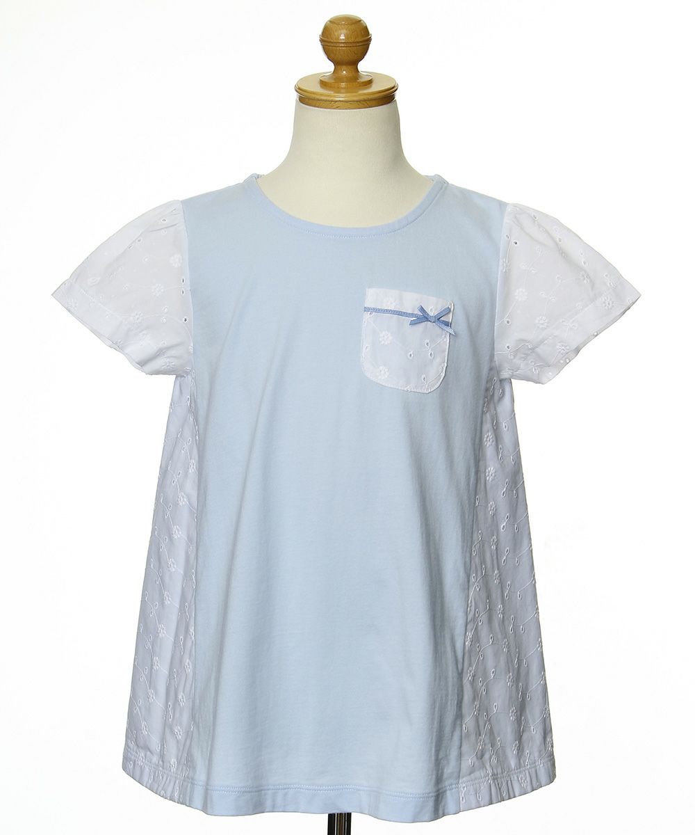 Children's clothing girl 100 % floral lace switching A line chest pocket T -shirt blue (61) torso