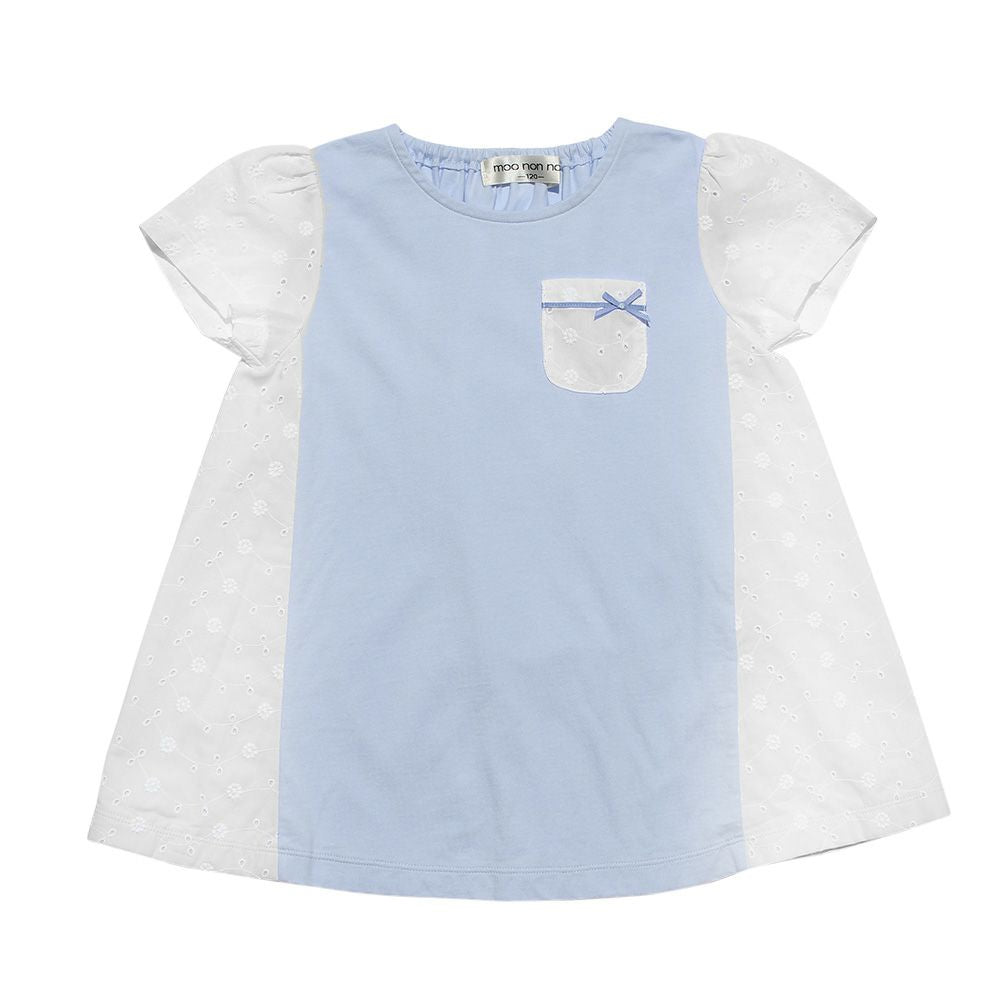 Children's clothing girl 100 % floral lace switching A line chest pocket T -shirt blue (61) front