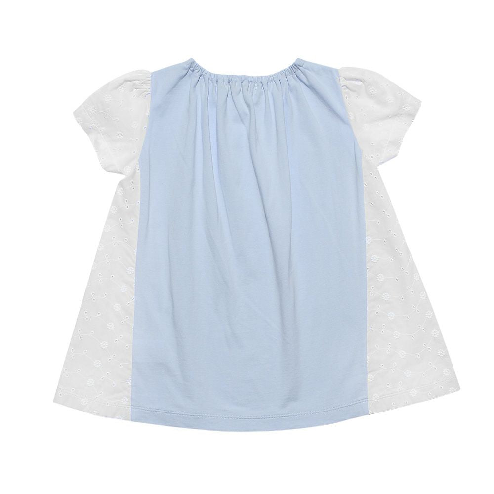 Children's clothing girl 100 % cotton lace switch switching A line chest pocket T -shirt blue (61) back