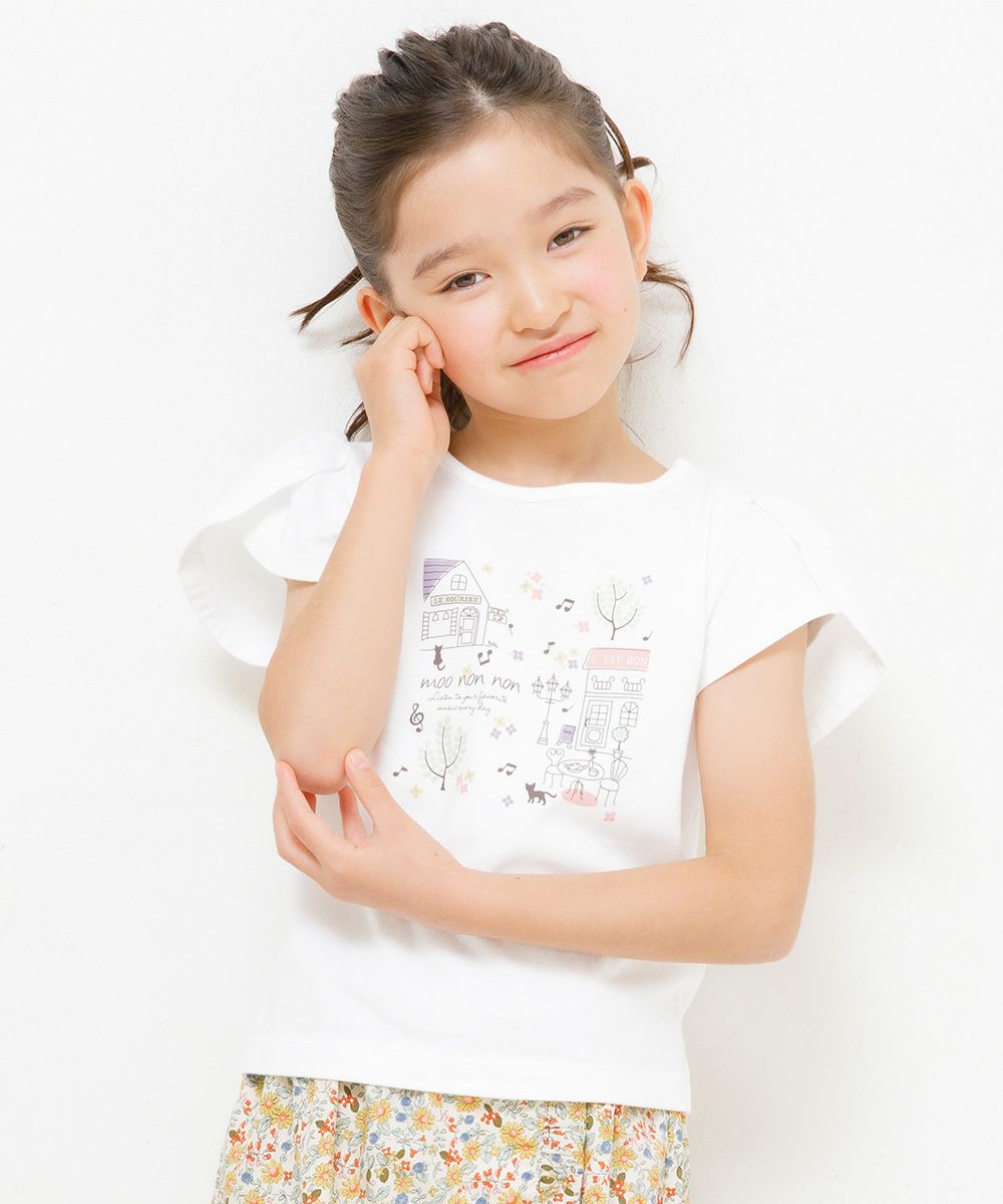 100 % cotton tulip sleeve cafe print T -shirt Off White model image up