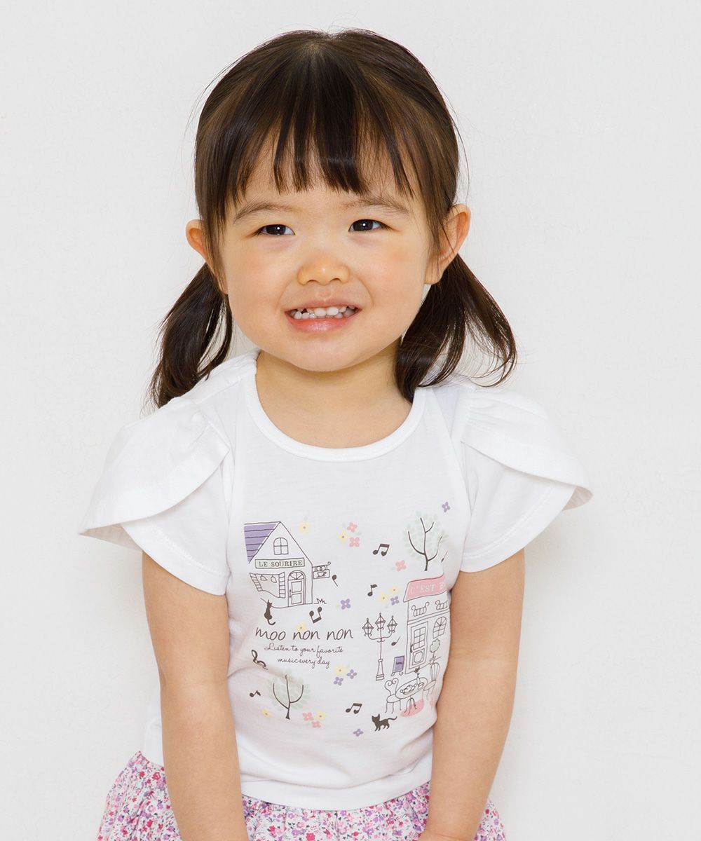 Baby size 100 % cotton tulip sleeve cafe print T -shirt Off White model image up