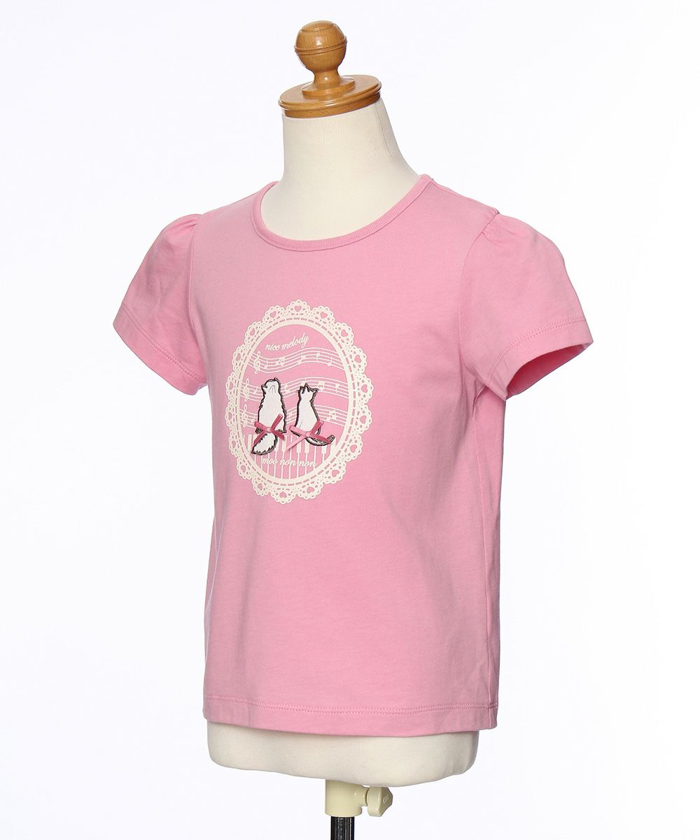 100 % cotton T-shirt  with cat patches, musical notes and lace Pink torso