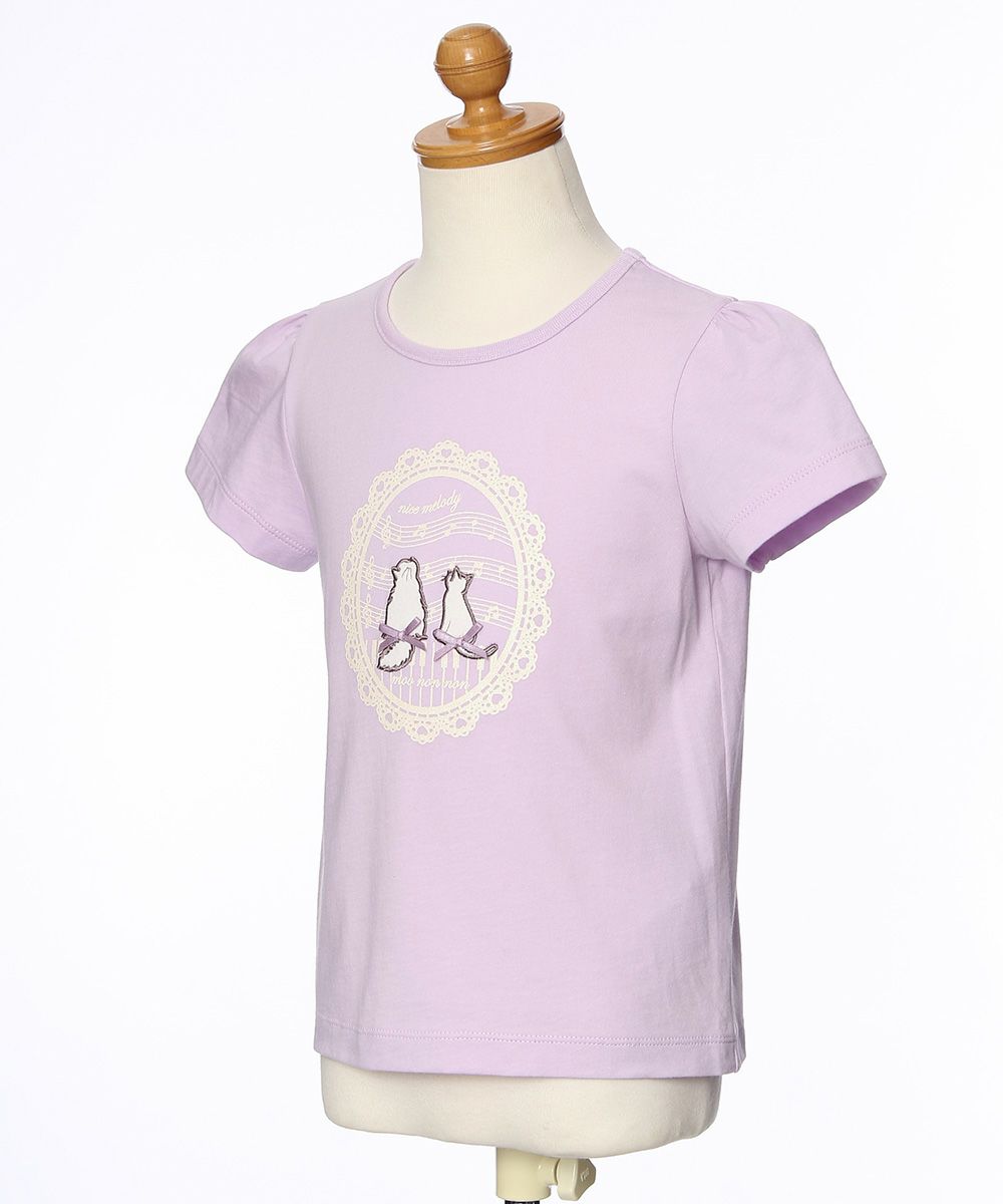 100 % cotton T-shirt  with cat patches, musical notes and lace Purple torso