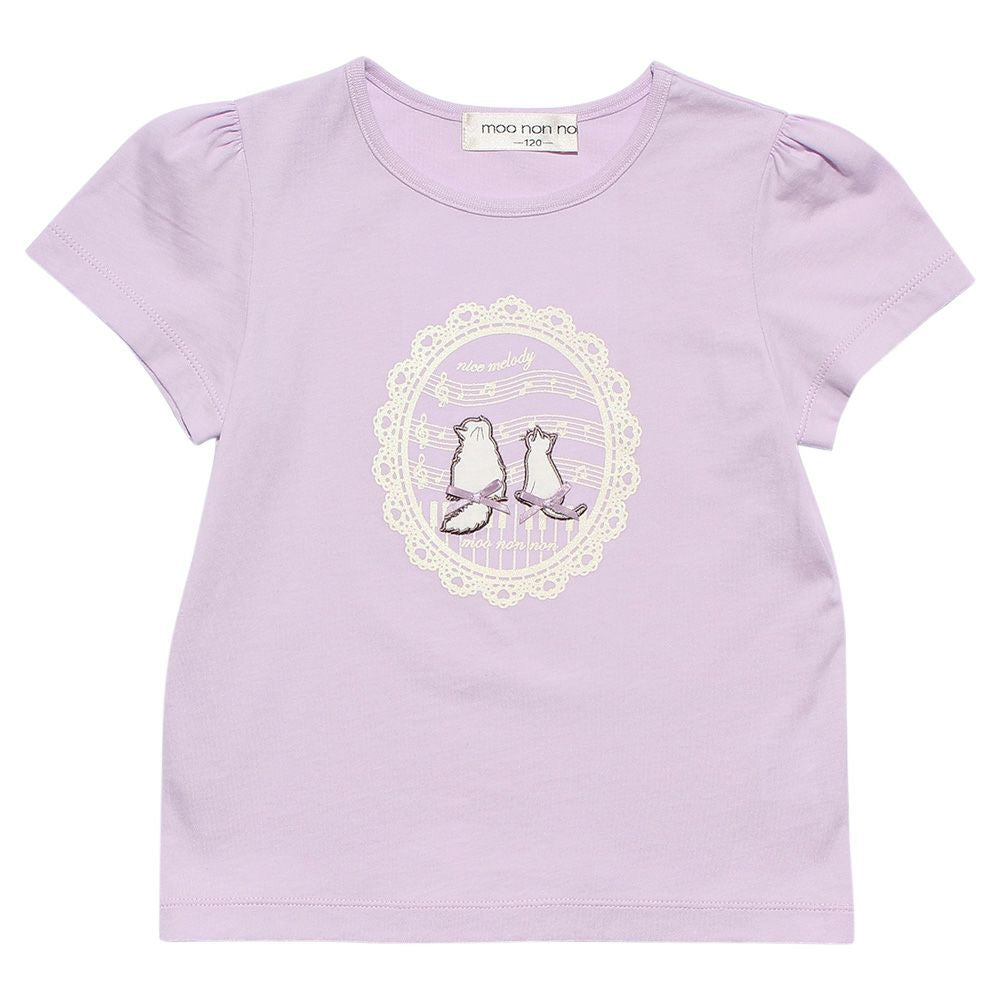 100 % cotton T-shirt  with cat patches, musical notes and lace Purple front