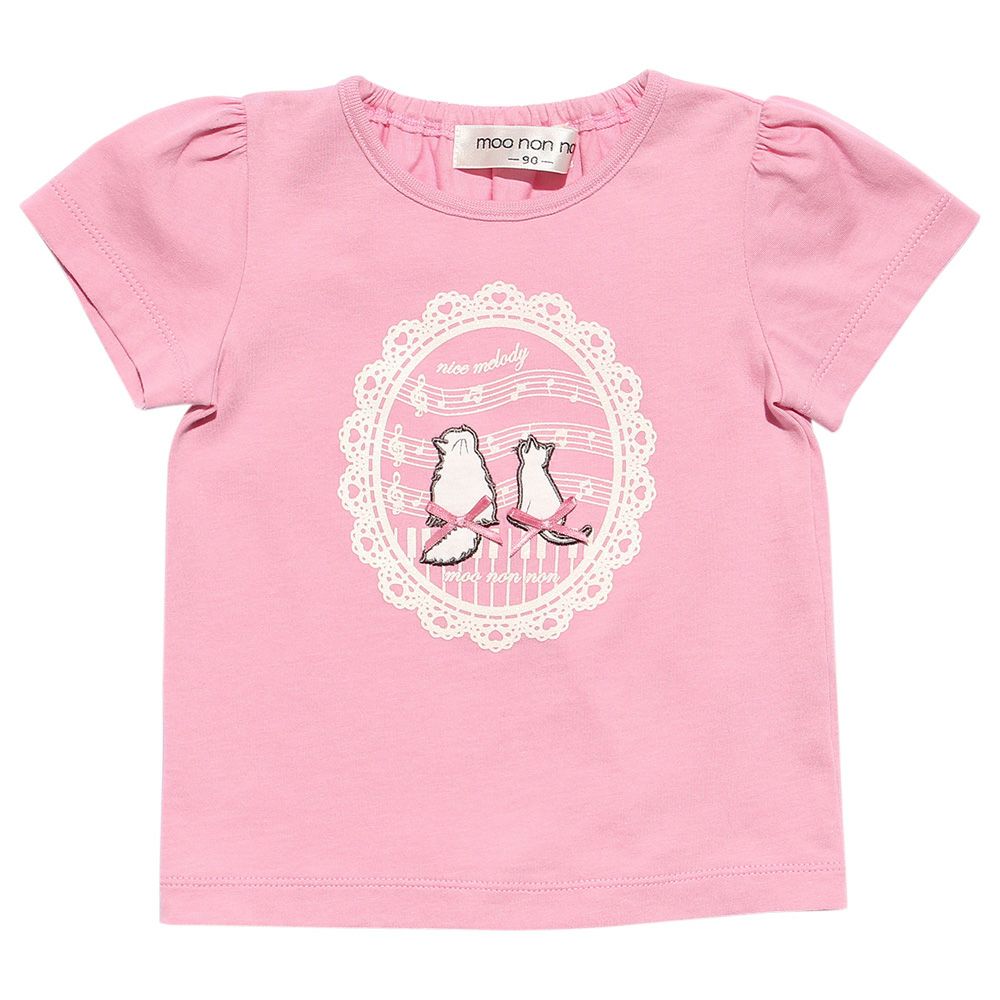 Baby size 100 % cotton T-shirt  with cat patches, musical notes and lace Pink front