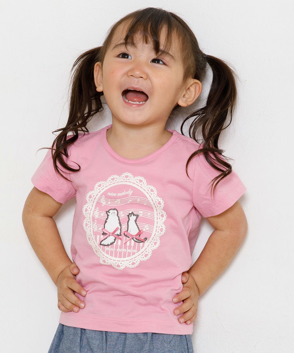 Baby size 100 % cotton T-shirt  with cat patches, musical notes and lace Pink model image up