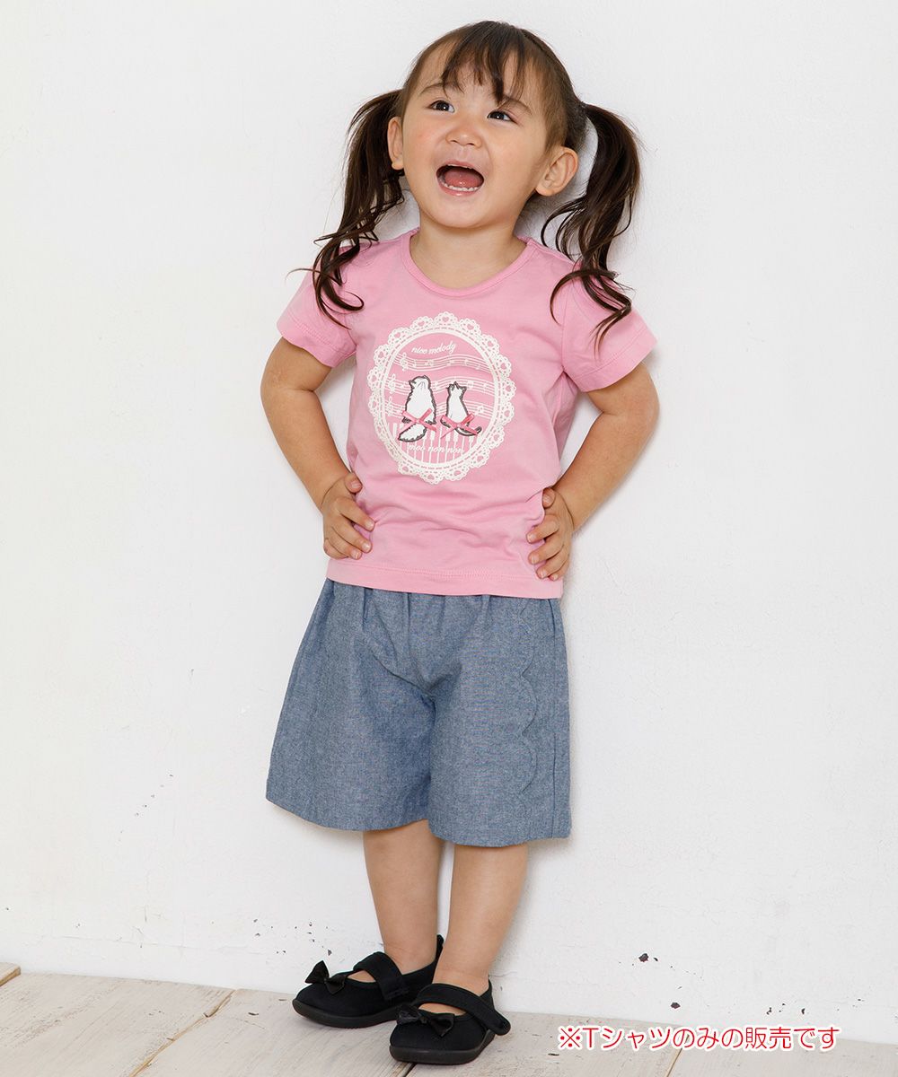 Baby size 100 % cotton T-shirt  with cat patches, musical notes and lace Pink model image whole body