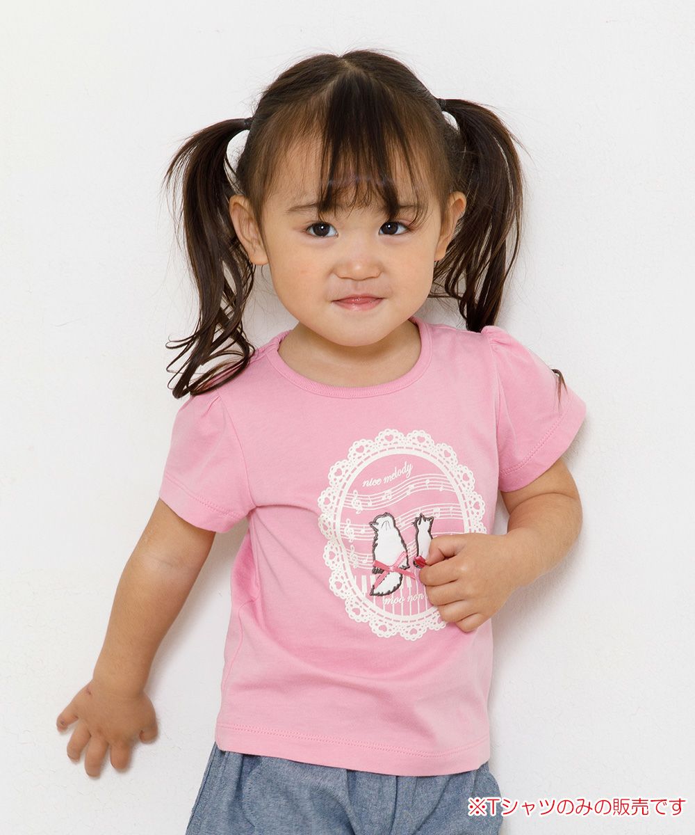 Baby size 100 % cotton T-shirt  with cat patches, musical notes and lace Pink model image 1