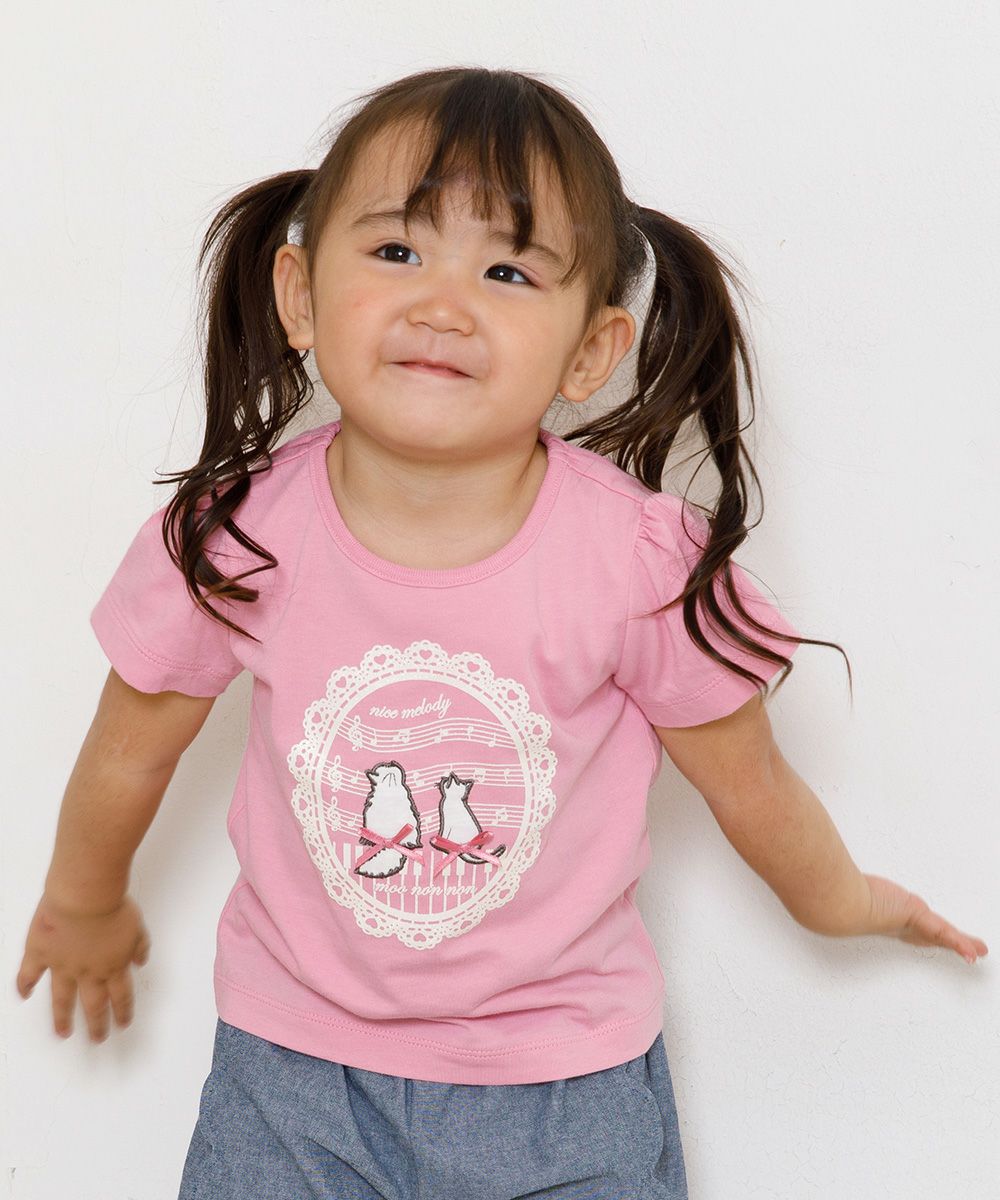 Baby size 100 % cotton T-shirt  with cat patches, musical notes and lace Pink model image 3