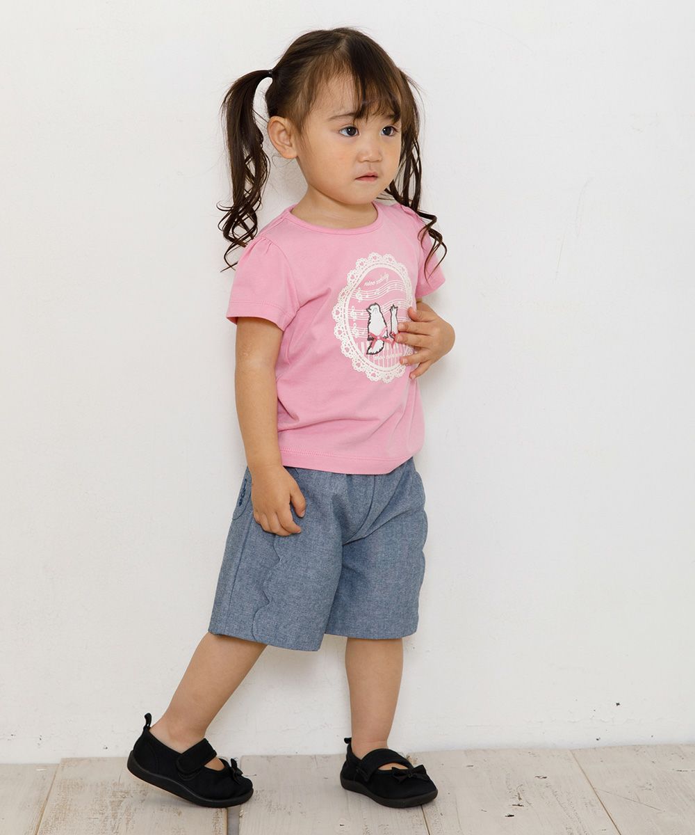 Baby size 100 % cotton T-shirt  with cat patches, musical notes and lace Pink model image 4