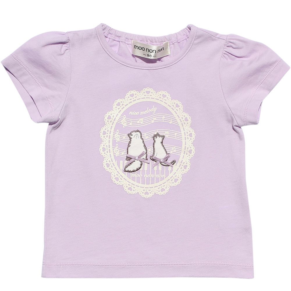 Baby size 100 % cotton T-shirt  with cat patches, musical notes and lace Purple front