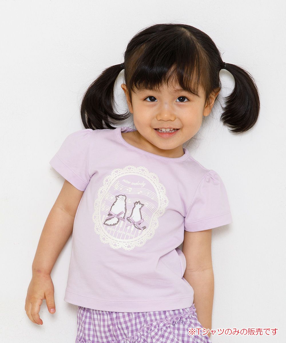 Baby size 100 % cotton T-shirt  with cat patches, musical notes and lace Purple model image up