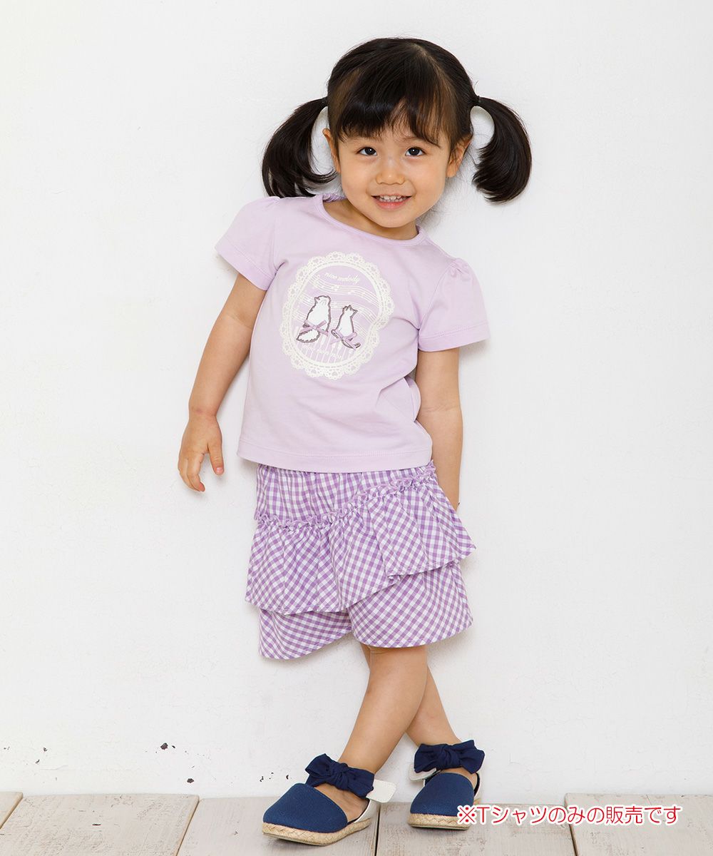 Baby size 100 % cotton T-shirt  with cat patches, musical notes and lace Purple model image whole body