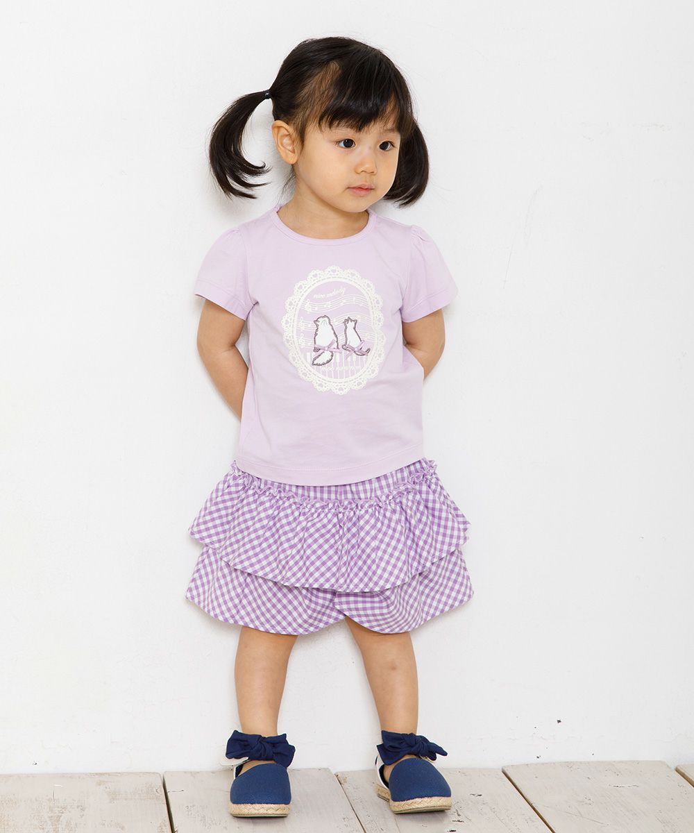 Baby size 100 % cotton T-shirt  with cat patches, musical notes and lace Purple model image 2
