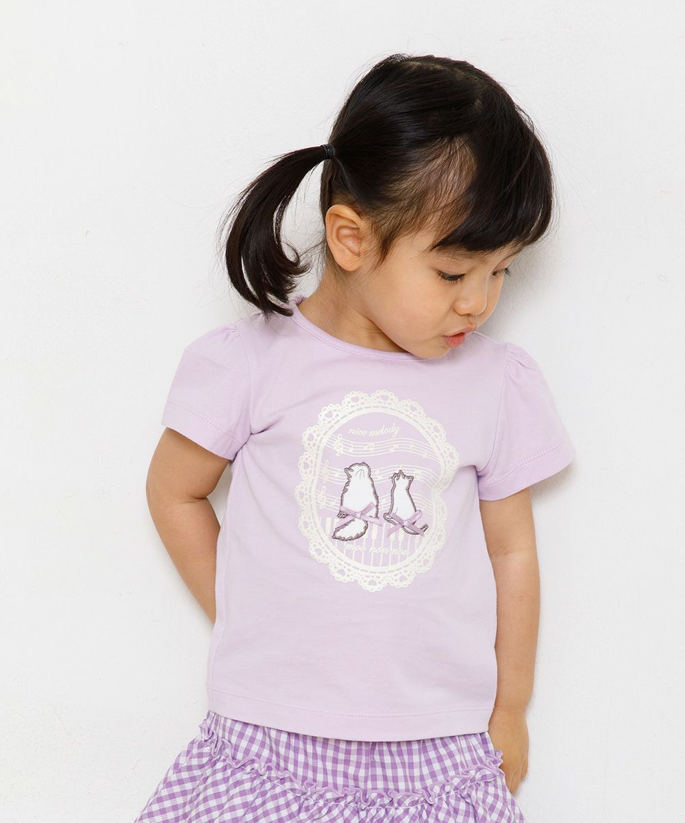 Baby size 100 % cotton T-shirt  with cat patches, musical notes and lace Purple model image 3