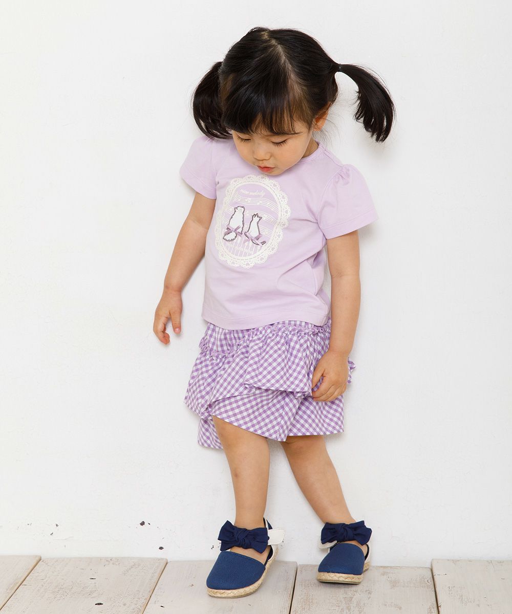 Baby size 100 % cotton T-shirt  with cat patches, musical notes and lace Purple model image 4