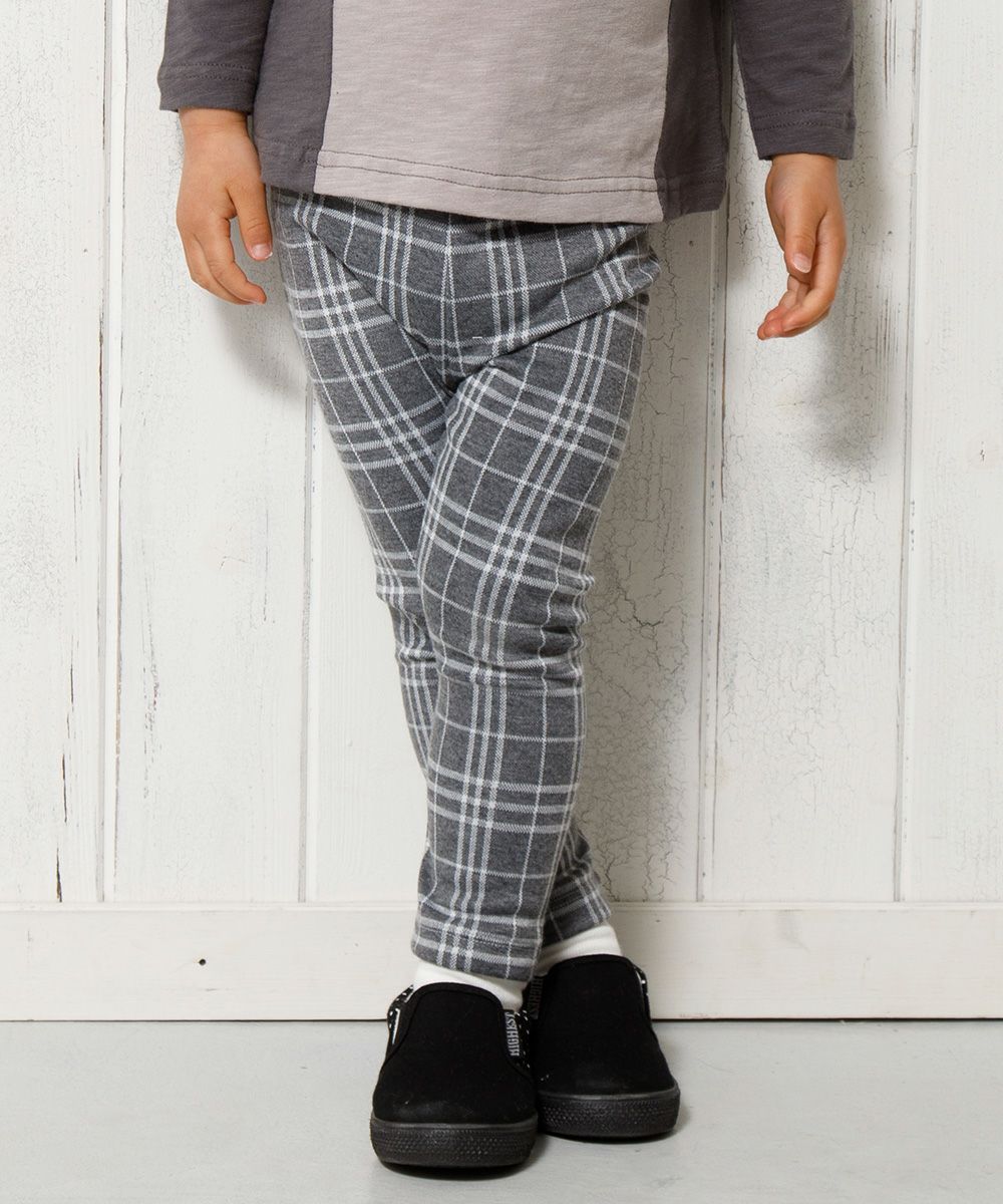 Baby size plaid knit full length pants Charcoal Gray model image up