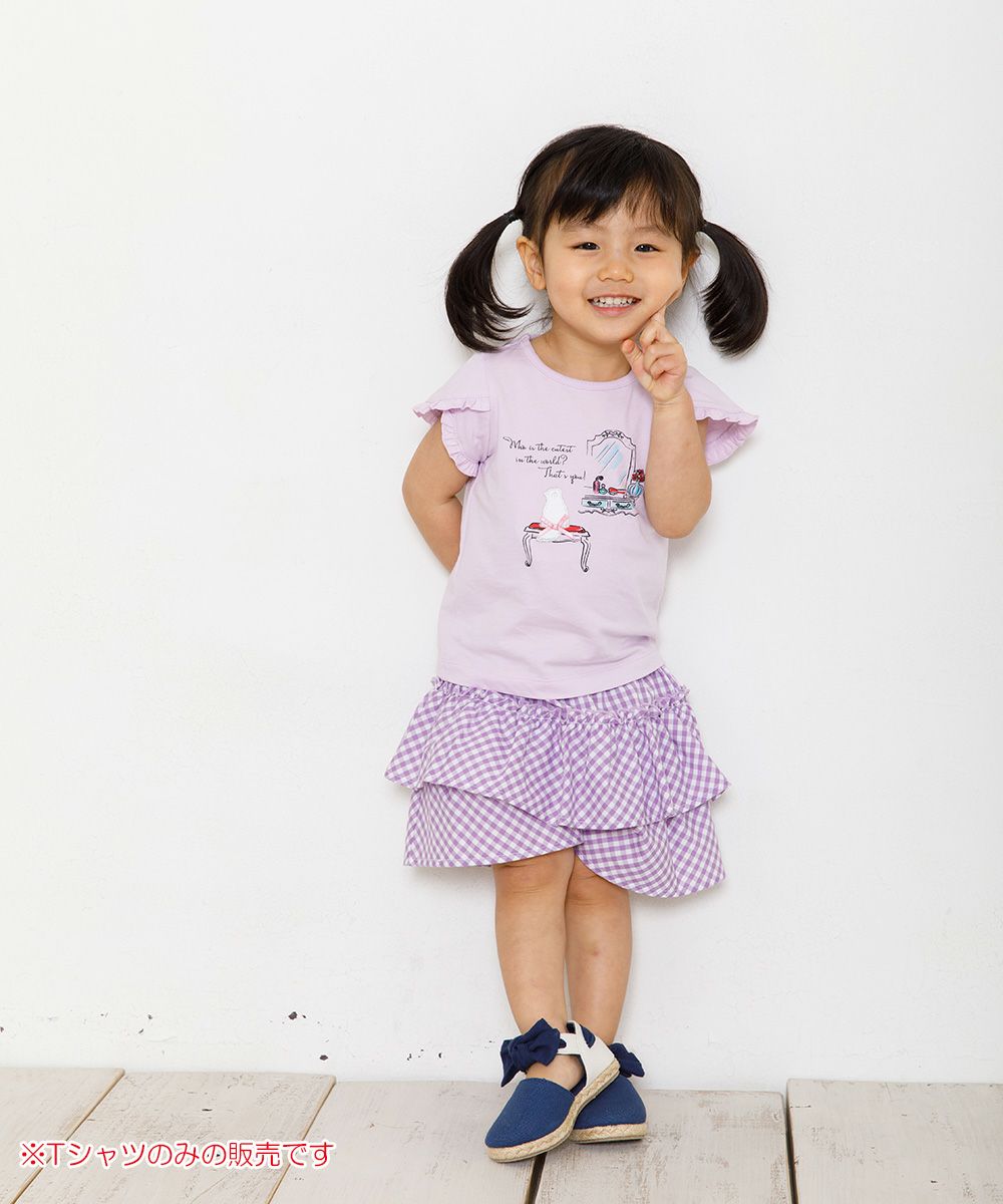 Baby size 100 % cotton dresser & cat print T-shirt with frills Purple model image whole body