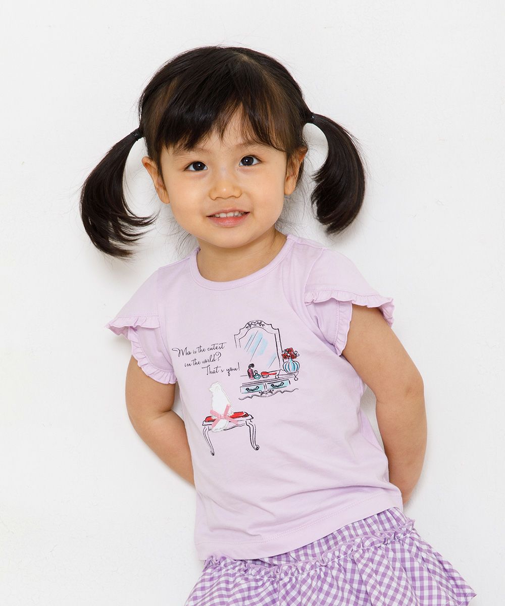 Baby size 100 % cotton dresser & cat print T-shirt with frills Purple model image 3
