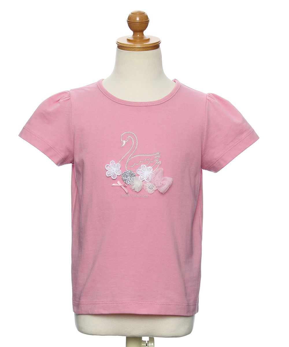 100 % cotton Swan print T-shirt with tulle flowers Pink torso