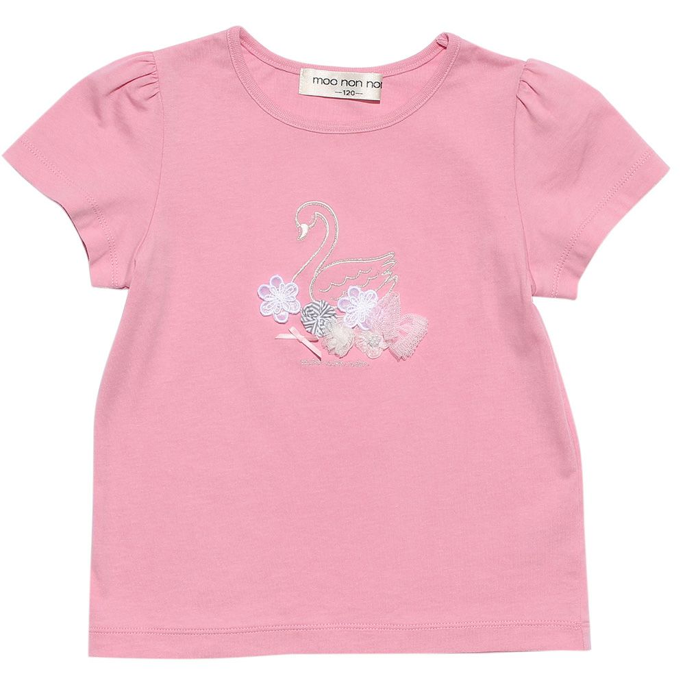 100 % cotton Swan print T-shirt with tulle flowers Pink front