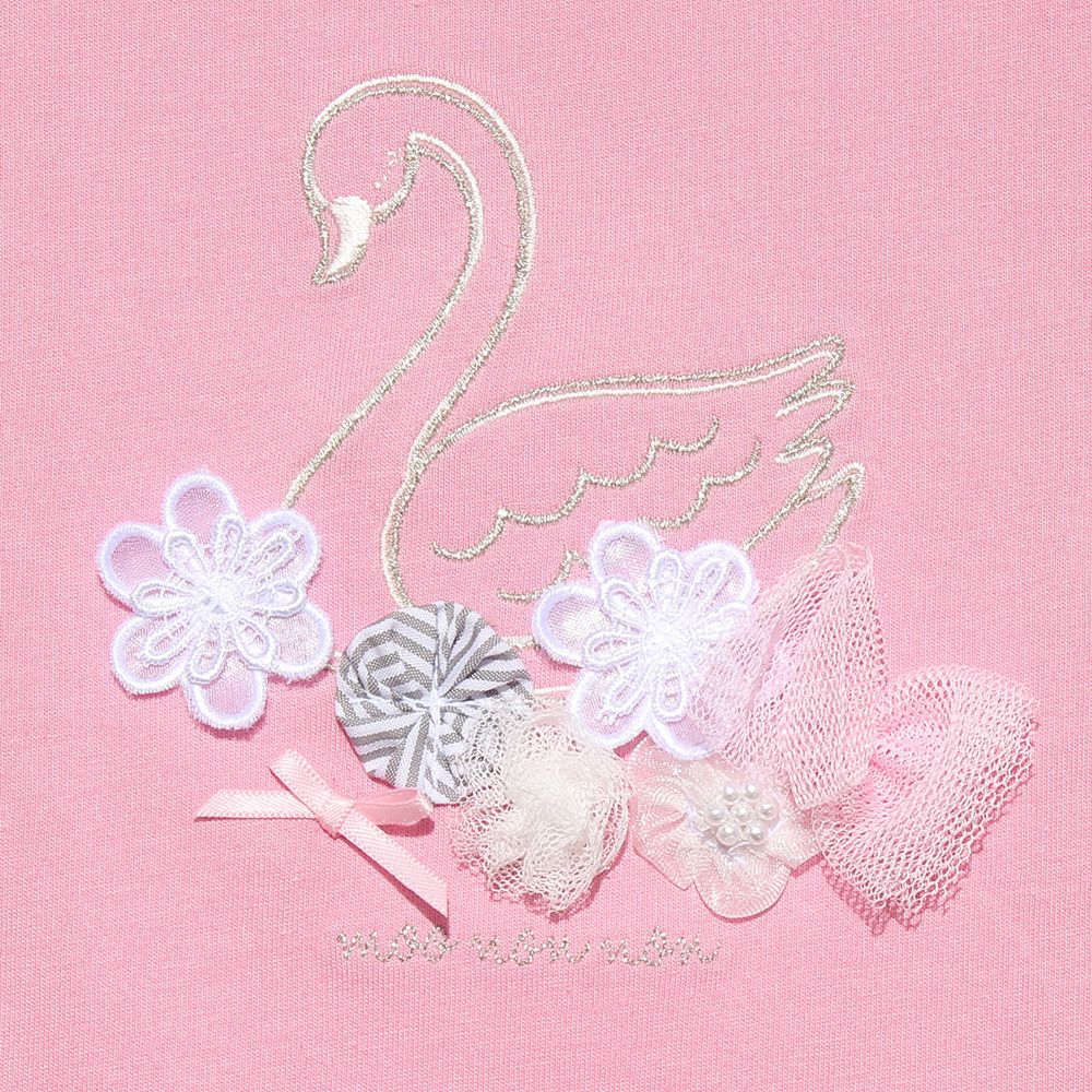 100 % cotton Swan print T-shirt with tulle flowers Pink Design point 1