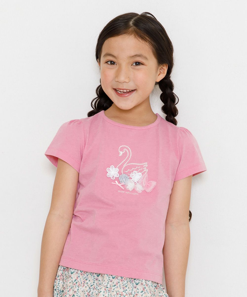 100 % cotton Swan print T-shirt with tulle flowers Pink model image up