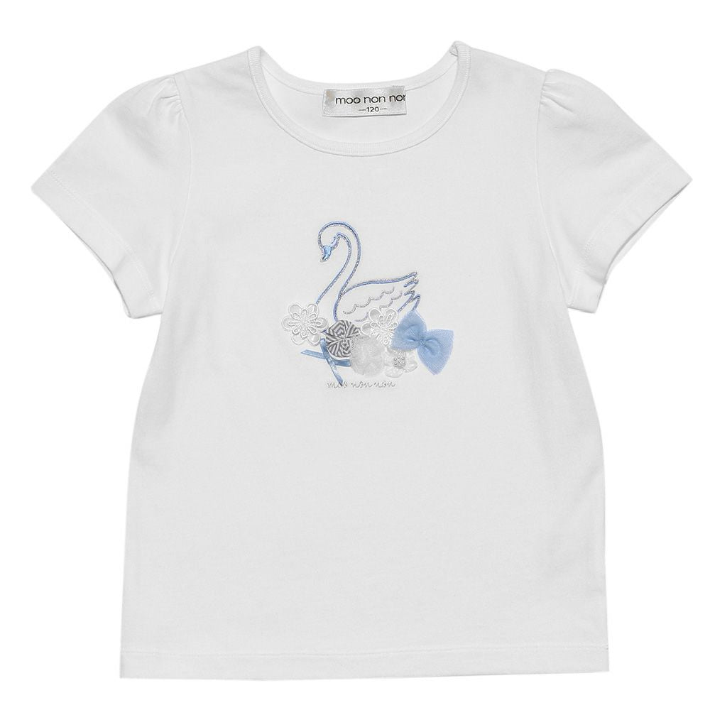 100 % cotton Swan print T-shirt with tulle flowers Off White front