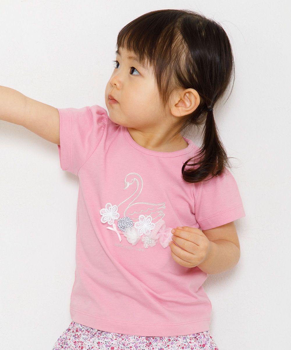 Baby size 100 % cotton Swan print T-shirt with tulle flowers Pink model image up