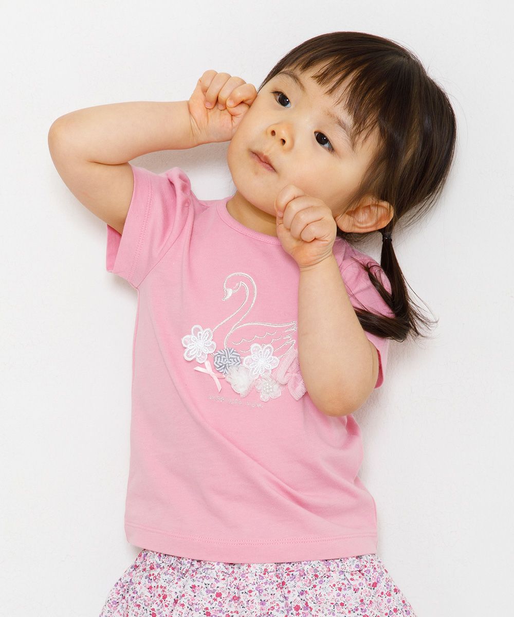 Baby size 100 % cotton Swan print T-shirt with tulle flowers Pink model image 3