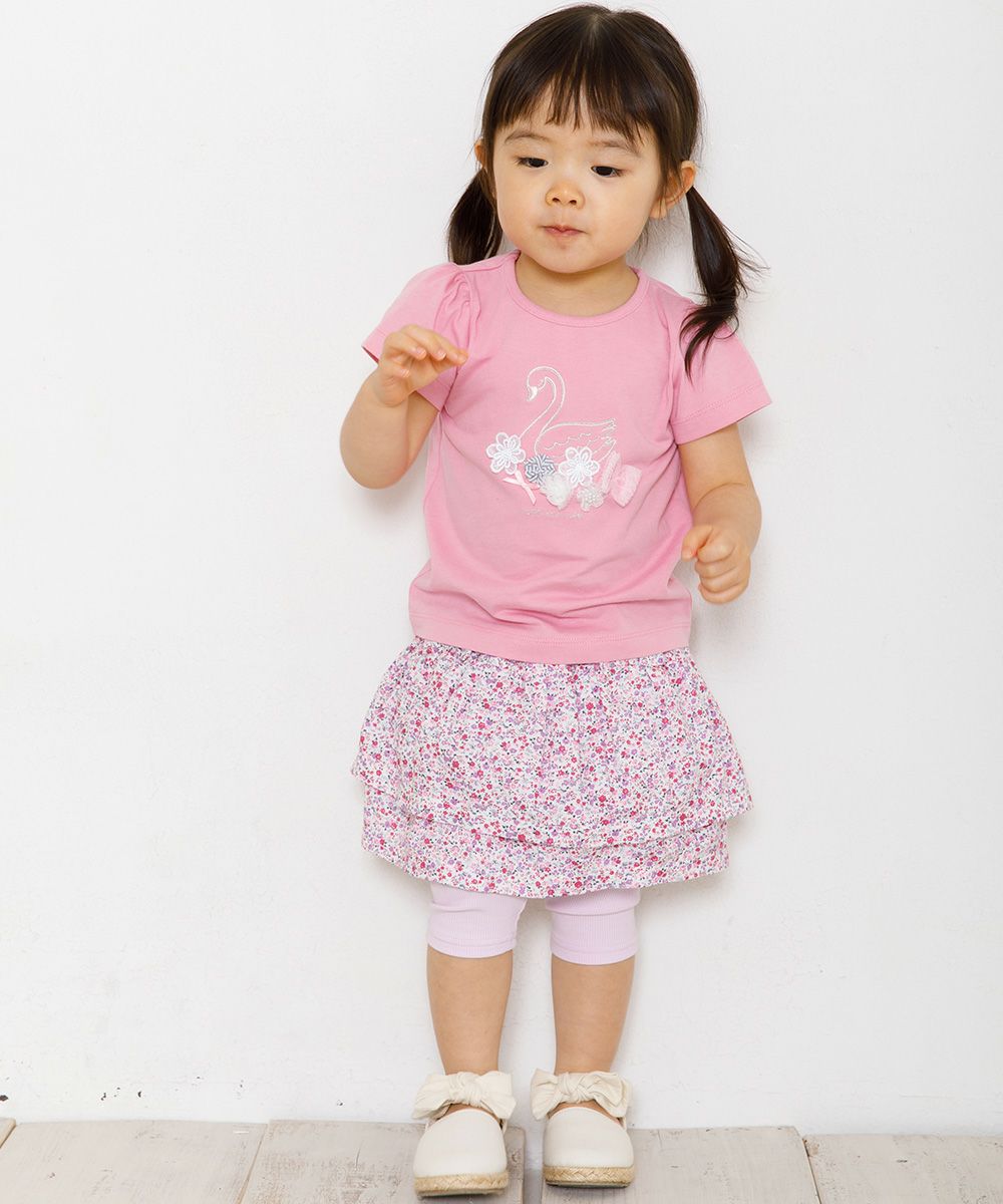 Baby size 100 % cotton Swan print T-shirt with tulle flowers Pink model image 4